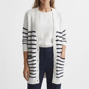 LOFT Striped Boyfriend Cardigan White Navy Blue V-Neck Heritage Knit M